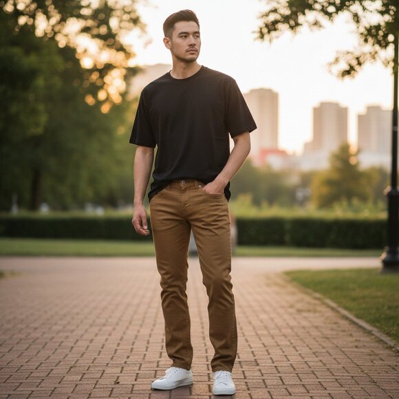 LOIS JEANS Homme 31x28 Brad Slim Pantalon Casual Kaki Brun Stretch - Picture 1 of 10